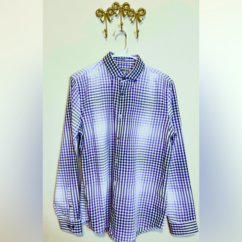 Express Men's Shades of Purple Plaid Button Down Shirt. Long Sleeve. Size M